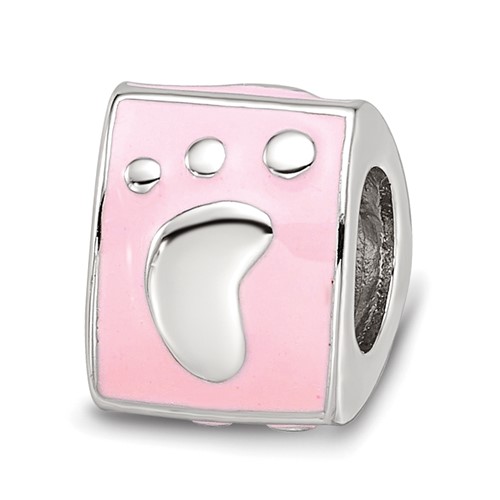 SS Reflections Rh-plated Pink Enamel 3-sided Baby Footprint Bead