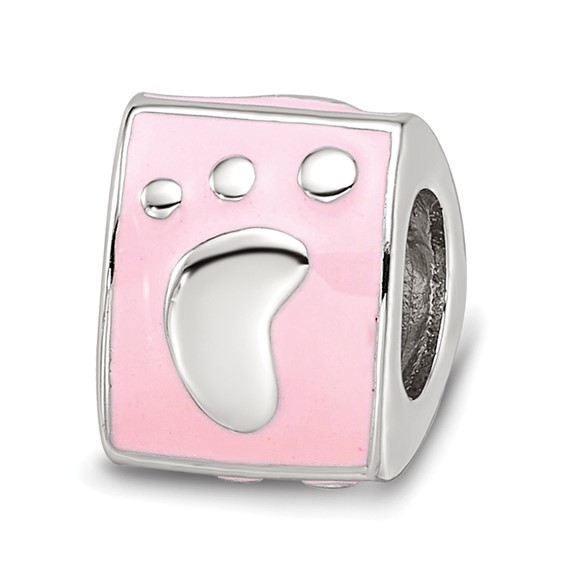 SS Reflections Rh-plated Pink Enamel 3-sided Baby Footprint Bead