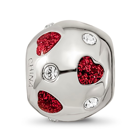 Sterling Silver Reflections Red Enameled Crystal Hearts Bead