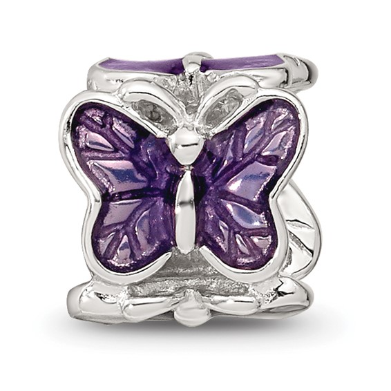 Sterling Silver Reflections Rh-plated Purple Enameled Butterfly Bead