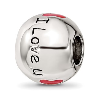 Sterling Silver Reflections Rh-plated Black & Red Enamel I LOVE U Bead