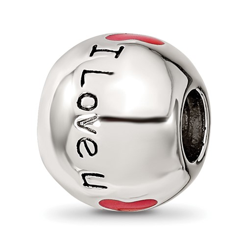 Sterling Silver Reflections Rh-plated Black & Red Enamel I Love U Bead