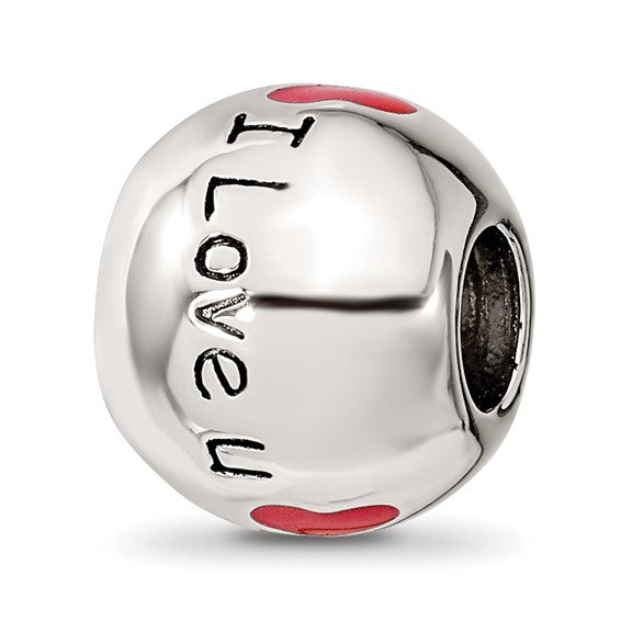 Sterling Silver Reflections Rh-plated Black & Red Enamel I LOVE U Bead