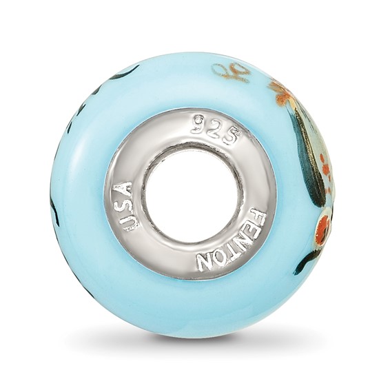 Ster.Silver Reflections Blue Hand Painted Wisdom Owl Fenton Glass Bead