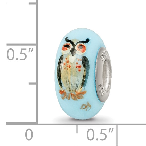 Ster.Silver Reflections Blue Hand Painted Wisdom Owl Fenton Glass Bead
