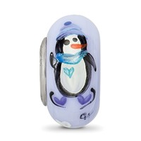 Sterling Silver Blue Hand Painted Penguins Fenton Glass Bead view 3
