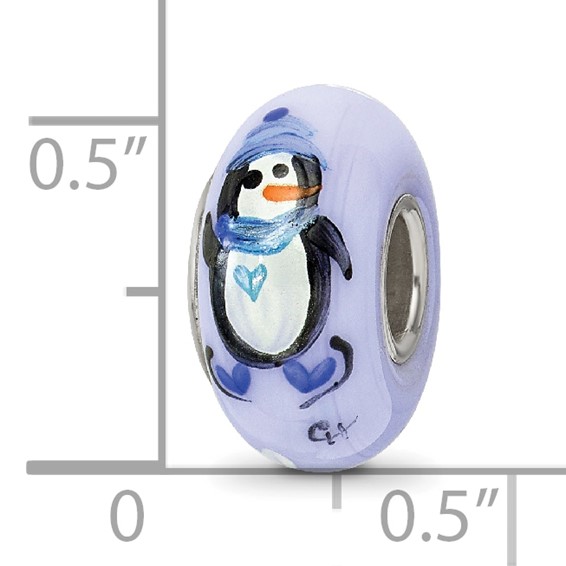 Sterling Silver Blue Hand Painted Penguins Fenton Glass Bead