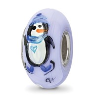 Sterling Silver Blue Hand Painted Penguins Fenton Glass Bead view 1