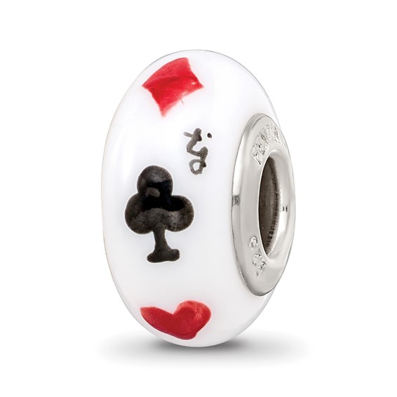 Ster.Silver Reflections White Hand Painted Lucky Suit Fenton Glass Bead