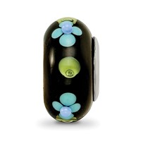 Ster.Silver Reflections Black Hand Painted Blue Floral Fenton Glass Bead view 3