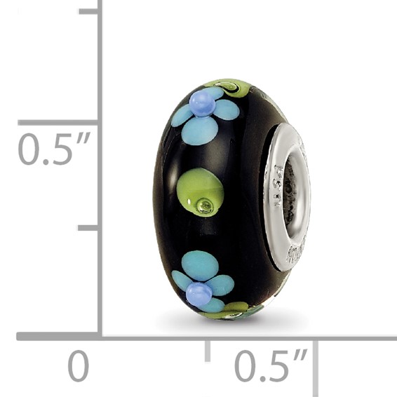 Ster.Silver Reflections Black Hand Painted Blue Floral Fenton Glass Bead
