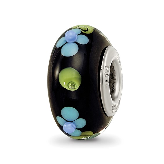 Ster.Silver Reflections Black Hand Painted Blue Floral Fenton Glass Bead