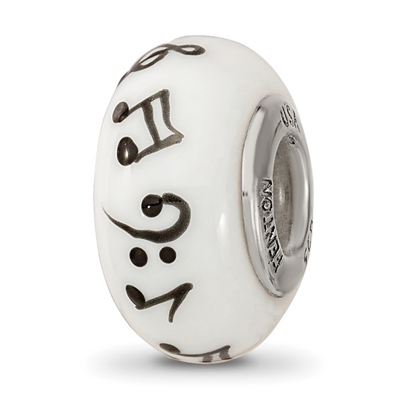 Ster.Silver Reflections White Hand Painted Music Notes Fenton Glass Bead