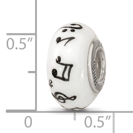 Ster.Silver Reflections White Hand Painted Music Notes Fenton Glass Bead