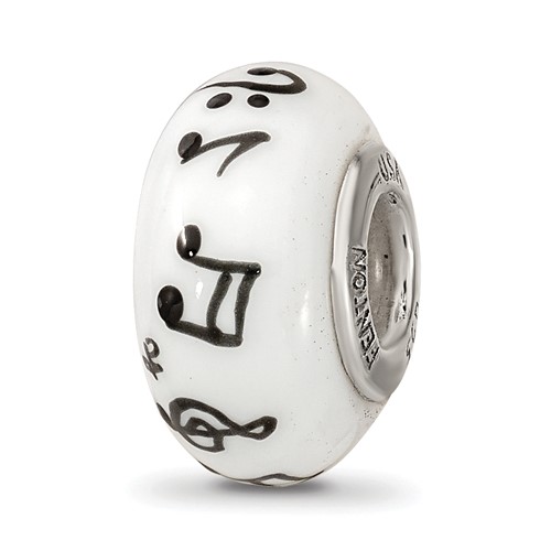 Ster.Silver Reflections White Hand Painted Music Notes Fenton Glass Bead
