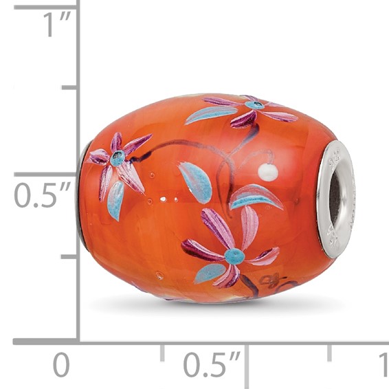 Ster.Silver Reflections Orange Hand Painted Floral Fenton Glass Bead