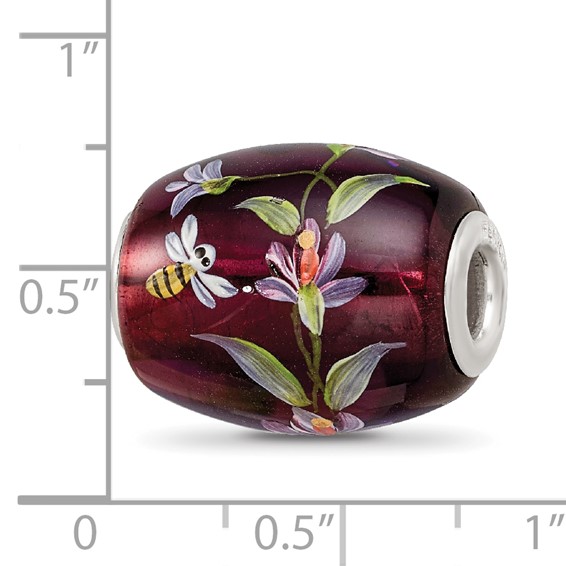 Ster.Silver Reflections Purple Hand Painted Magnolias Fenton Glass Bead