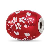 Ster.Silver Reflections Red Hand Painted Floral Hearts Fenton Glass Bead view 1