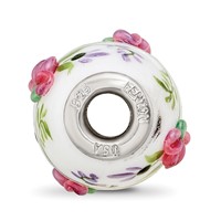 Sterling Silver White Hand Painted Floral Fenton Glass Bead view 2