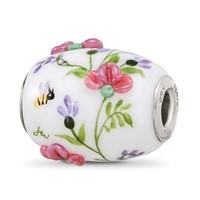 Sterling Silver White Hand Painted Floral Fenton Glass Bead view 1