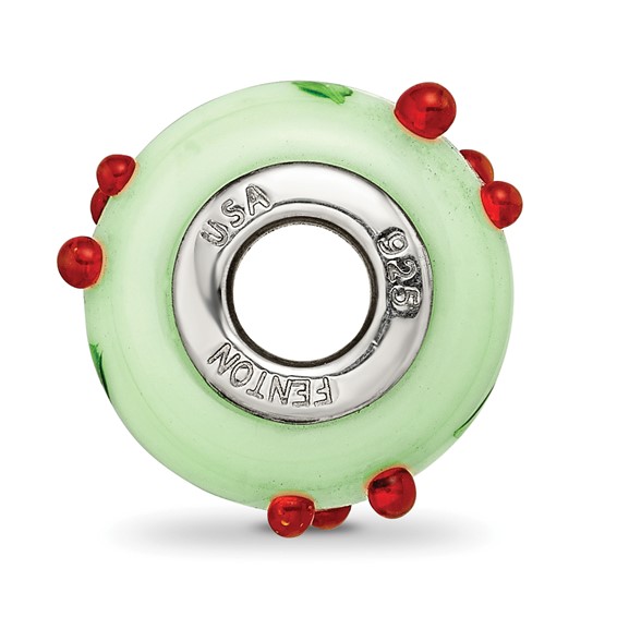 Ster.Silver Reflections Green Hand Painted Cherries Fenton Glass Bead