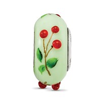 Ster.Silver Reflections Green Hand Painted Cherries Fenton Glass Bead view 3