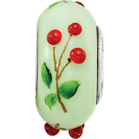 Ster.Silver Reflections Green Hand Painted Cherries Fenton Glass Bead view 4