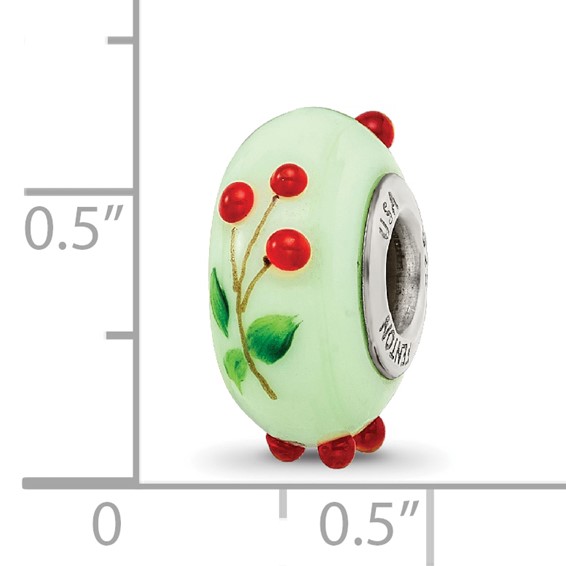 Ster.Silver Reflections Green Hand Painted Cherries Fenton Glass Bead