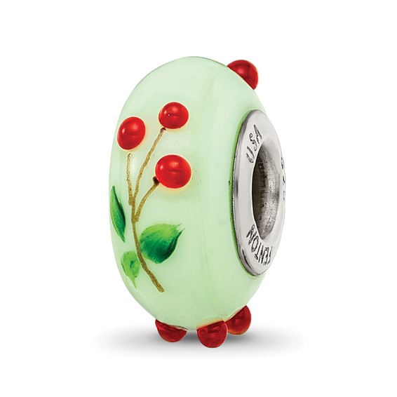 Ster.Silver Reflections Green Hand Painted Cherries Fenton Glass Bead