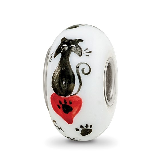Ster.Silver Reflections White Hand Painted Cat Paws Fenton Glass Bead