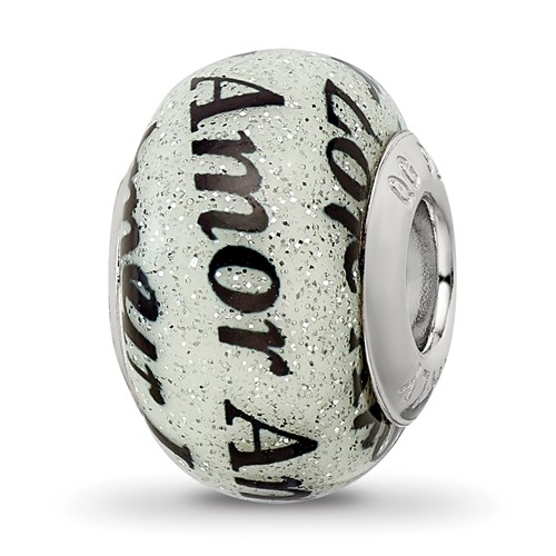 Sterling Silver Reflections Love Amor Black & White Glitter Italian Glass