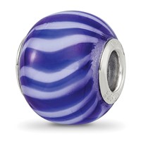 Sterling Silver Reflections Rhodium-plated Blue & White Striped Glass Bead view 1