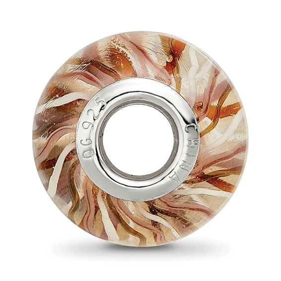 Sterling Silver Reflections Rh-plated Brown and White Striped Glass Bead