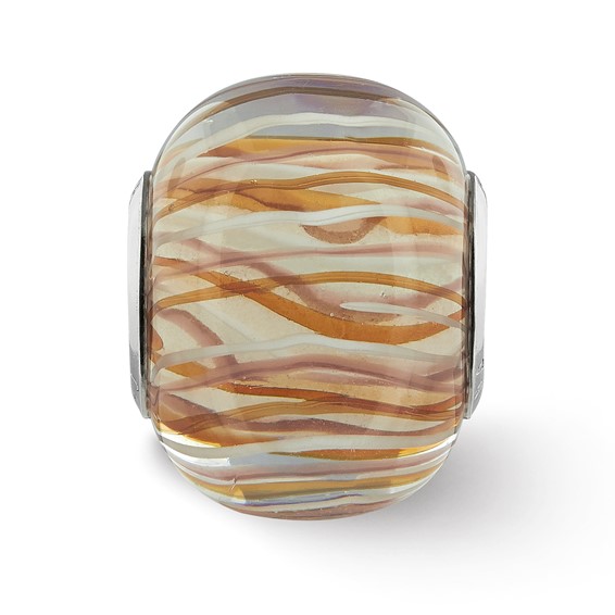 Sterling Silver Reflections Rh-plated Brown and White Striped Glass Bead