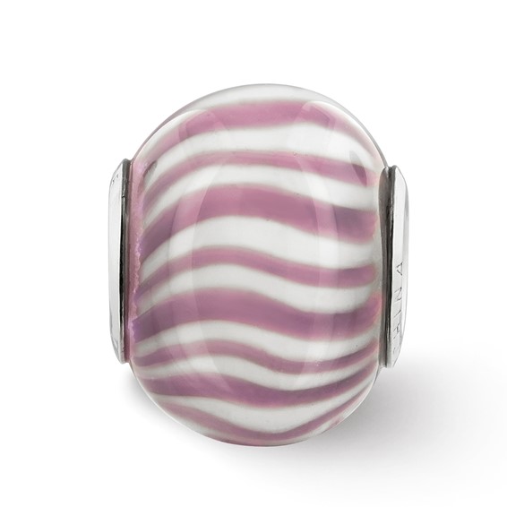 Sterling Silver Reflections Rh=plated Purple and White Striped Glass Bead