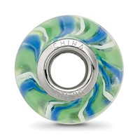 Sterling Silver Reflections Rh-plated Blue Green & White Striped Glass Bead view 2