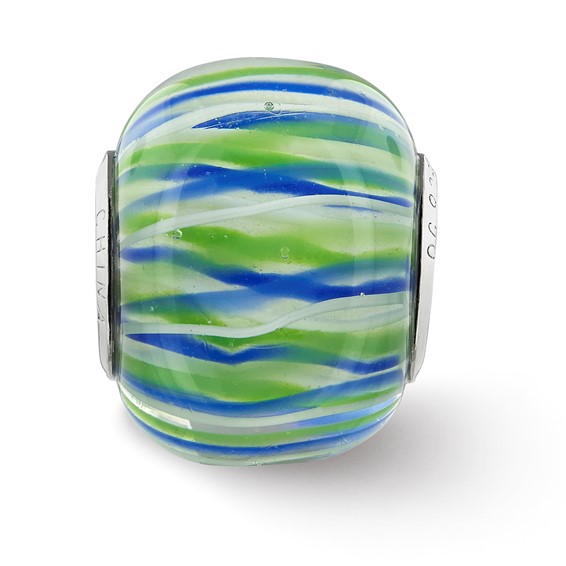 Sterling Silver Reflections Rh-plated Blue Green & White Striped Glass Bead