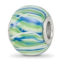 Sterling Silver Reflections Rh-plated Blue Green & White Striped Glass Bead view 1