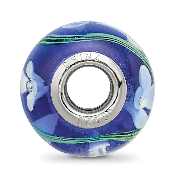 Sterling Silver Reflections Rhodium-plated White Floral Blue Glass Bead