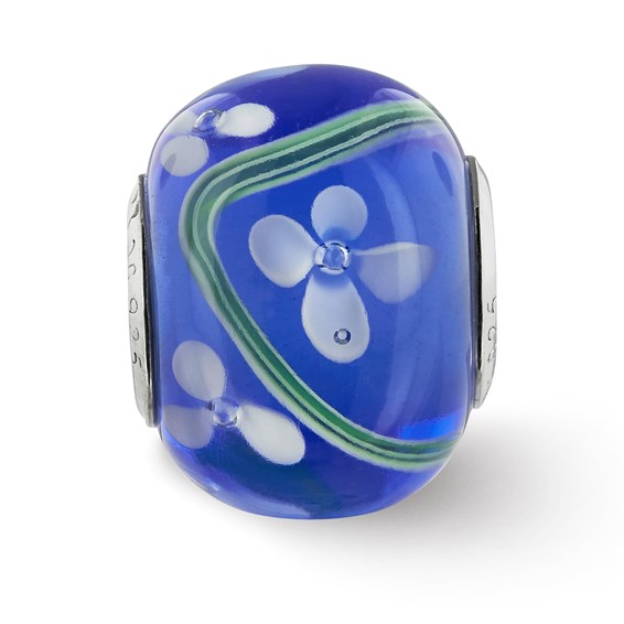 Sterling Silver Reflections Rhodium-plated White Floral Blue Glass Bead
