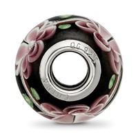 Sterling Silver Reflections Rh-plated Pink & Green Floral Black Glass Bead view 2
