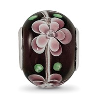 Sterling Silver Reflections Rh-plated Pink & Green Floral Black Glass Bead view 4