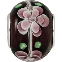 Sterling Silver Reflections Rh-plated Pink & Green Floral Black Glass Bead view 5