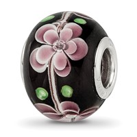 Sterling Silver Reflections Rh-plated Pink & Green Floral Black Glass Bead view 1
