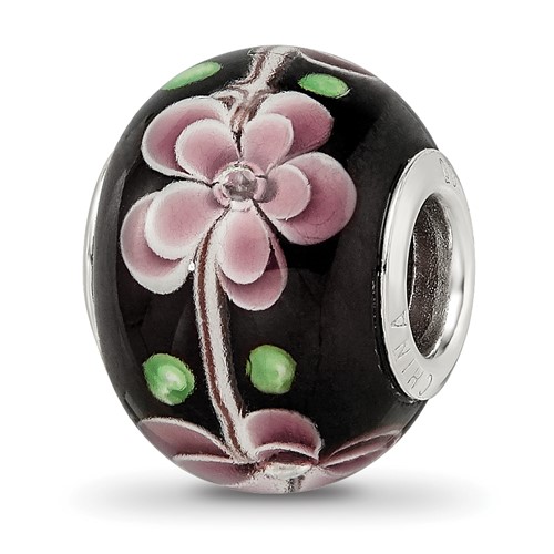 Sterling Silver Reflections Rh-plated Pink & Green Floral Black Glass Bead