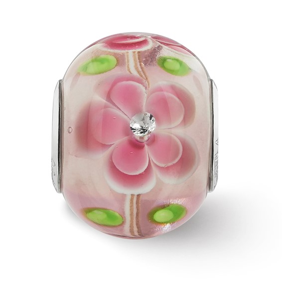 Sterling Silver Reflections Rhodium-plated CZ Pink Floral Glass Bead