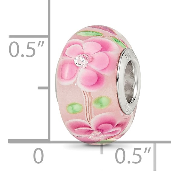 Sterling Silver Reflections Rhodium-plated CZ Pink Floral Glass Bead