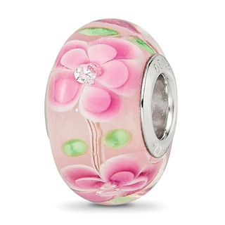 Sterling Silver Reflections Rhodium-plated CZ Pink Floral Glass Bead
