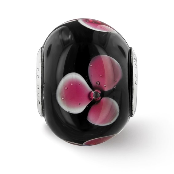 Sterling Silver Reflections Rh-plated Pink Floral Black Glass Bead