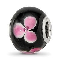 Sterling Silver Reflections Rh-plated Pink Floral Black Glass Bead view 1